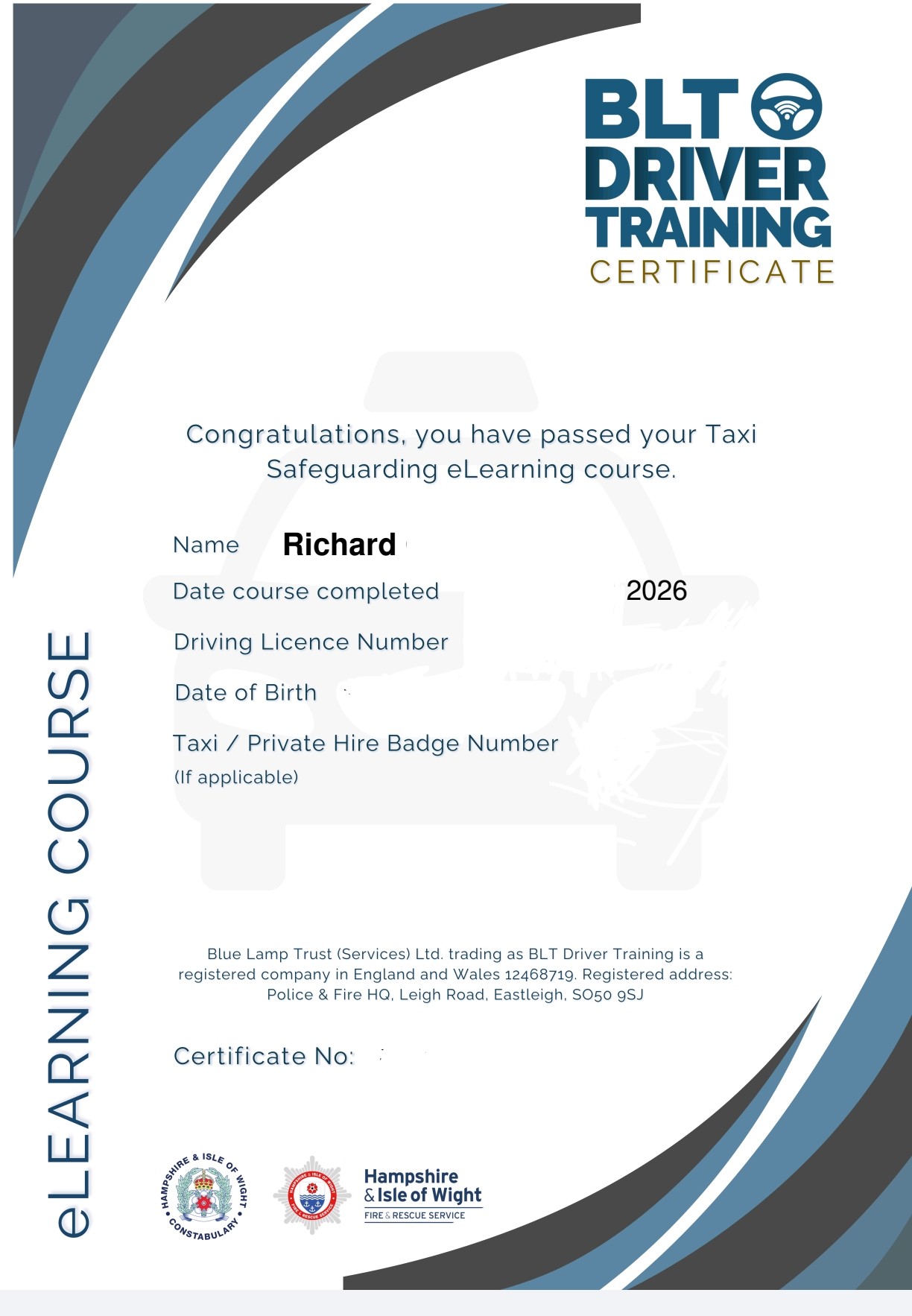 richardsTaxisCert Driver Training Certificate